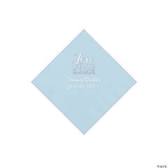 Light Blue Love Laughter & Happily Ever After Personalized Napkins with Silver Foil – Beverage