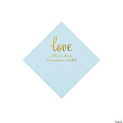 Light Blue Love Script Personalized Napkins with Gold Foil - Beverage