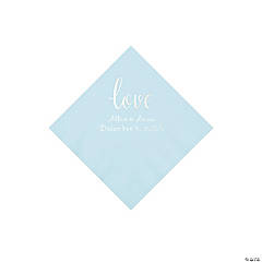 Light Blue Love Script Personalized Napkins with Silver Foil - Beverage