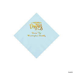 Light Blue Merry Christmas Personalized Napkins with Gold Foil - Beverage