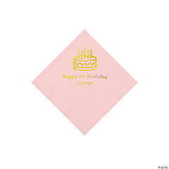 Light Pink Birthday Cake Personalized Napkins with Gold Foil - Beverage
