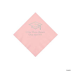 Light Pink Grad Mortarboard Personalized Napkins with Silver Foil – Beverage