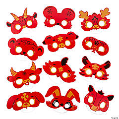 Lunar New Year Paper Zodiac Animal Masks - 12 Pc.