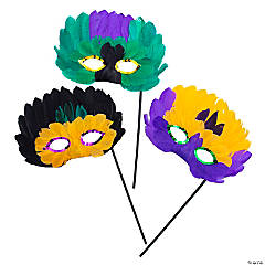 Mardi Gras Feather Mask with Stick- 12 Pc.