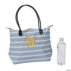 Monogrammed Striped Tote Bag with Gold Embroidery
