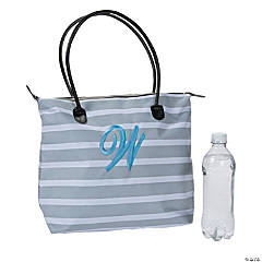 Monogrammed Striped Tote Bag with Light Blue Embroidery