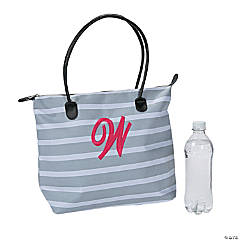 Monogrammed Striped Tote Bag with Pink Embroidery