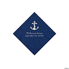 Navy Anchor Personalized Napkins with Silver Foil - Beverage