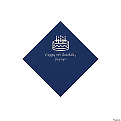 Navy Blue Birthday Cake Personalized Napkins with Silver Foil - Beverage
