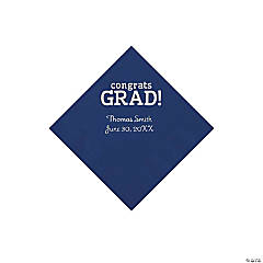 Navy Congrats Grad Personalized Napkins with Silver Foil - 50 Pc. Beverage