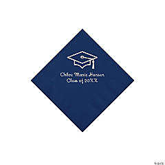 Navy Grad Mortarboard Personalized Napkins with Silver Foil – 50 Pc. Beverage