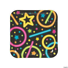 Neon Glow Party Rings & Stars Square Paper Dinner Plates - 8 Ct.