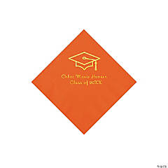 Orange Grad Mortarboard Personalized Napkins with Gold Foil – Beverage
