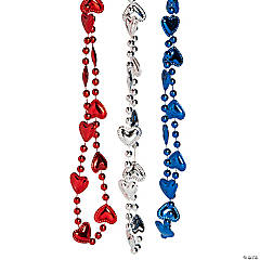 Patriotic Mardi Gras Bead Necklaces with Hearts - 24 Pc.