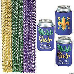 Personalized Mardi Gras Can Coolers with Beads Kit for 12