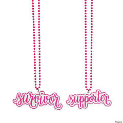 Pink Ribbon Bead Necklaces with Sayings - 12 Pc.