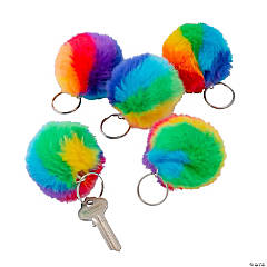 Plush Rainbow Pom-Pom Keychains - 12 Pc.