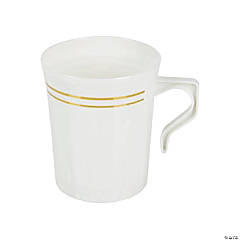 Premium 8 oz. White with Gold Edge Rim Round Plastic Coffee Mugs -120 Ct.