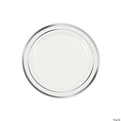 Premium White Plastic Dessert Plates with Silver Trim - 25 Ct.