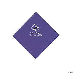 Purple Two Hearts Personalized Napkins with Silver Foil - Beverage