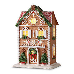 RAZ Imports 13&quot; Lighted Gingerbread House with Trees, Clay Dough — Battery-Operated, AA Batteries Included, 6-Hour Timer
