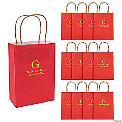 Red Medium Personalized Monogram Welcome Paper Gift Bags with Gold Foil - 12 Pc.