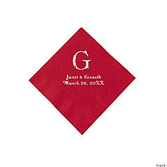 Red Wedding Monogram Personalized Napkins with Silver Foil - Beverage