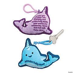 Religious Stuffed Narwhal Backpack Clip Keychains - 12 Pc.