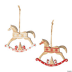 Rocking Horse with Presents Wood Christmas Ornaments - 12 Pc.