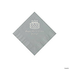 Silver Birthday Cake Personalized Napkins with Silver Foil - Beverage