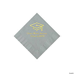 Silver Grad Mortarboard Personalized Napkins with Gold Foil – Beverage