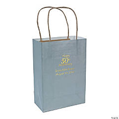 Silver Medium 50th Anniversary Personalized Kraft Paper Gift Bags with Gold Foil