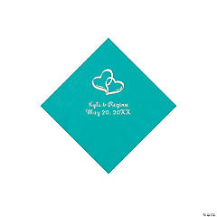Teal Lagoon Two Hearts Personalized Napkins with Silver Foil - Beverage