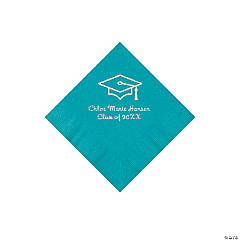 Turquoise Grad Mortarboard Personalized Napkins with Silver Foil – Beverage