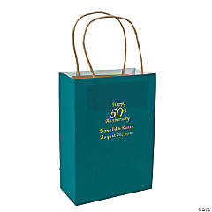 Turquoise Medium 50th Anniversary Personalized Kraft Paper Gift Bags with Gold Foil