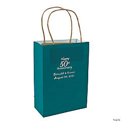 Turquoise Medium 50th Anniversary Personalized Kraft Paper Gift Bags with Silver Foil