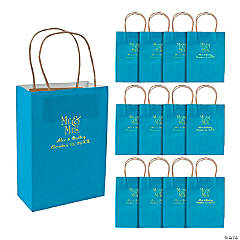 Turquoise Medium Mr. & Mrs. Personalized Kraft Paper Gift Bags with Gold Foil
