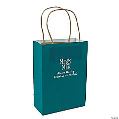 Turquoise Medium Mr. & Mrs. Personalized Kraft Paper Gift Bags with Silver Foil