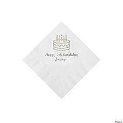 White Birthday Cake Personalized Napkins with Silver Foil - Beverage