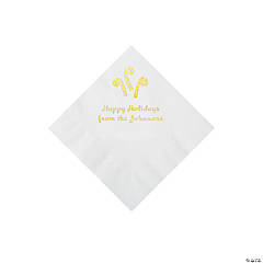 White Candy Cane Personalized Napkins with Gold Foil – Beverage