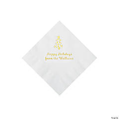 White Christmas Tree Personalized Napkins with Gold Foil – Beverage