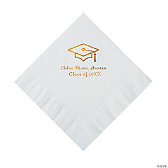 White Grad Mortarboard Personalized Napkins with Gold Foil - 50 Pc. Luncheon