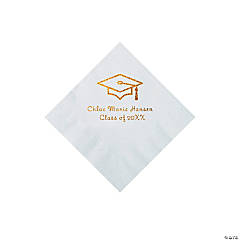 White Grad Mortarboard Personalized Napkins with Gold Foil – Beverage