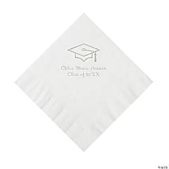 White Grad Mortarboard Personalized Napkins with Silver Foil - 50 Pc. Luncheon