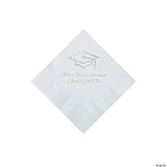 White Grad Mortarboard Personalized Napkins with Silver Foil – Beverage