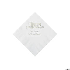 White Happy Halloween Personalized Napkins with Silver Foil - Beverage