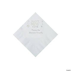 White Happy New Year Personalized Napkins with Silver Foil - Beverage