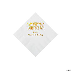 White Happy Valentine’s Day Personalized Napkins with Gold Foil - Beverage