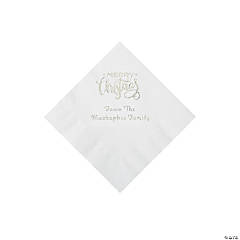 White Merry Christmas Personalized Napkins with Silver Foil - Beverage