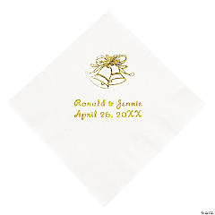 White Wedding Bells Personalized Napkins with Gold Foil - Beverage